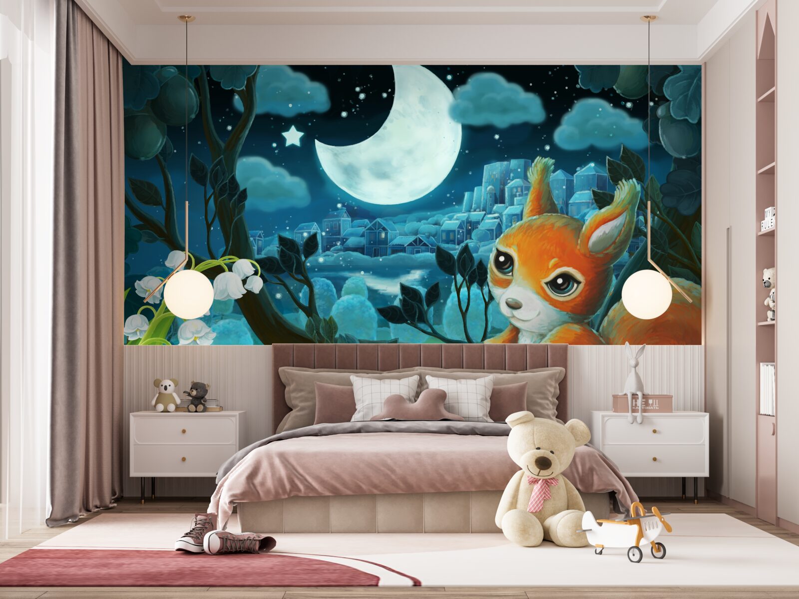 Fototapeta wiewiórka podziwia księżyc świecący nad miastem