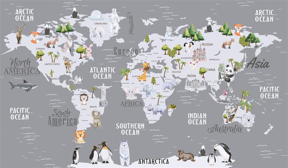 Fototapeta mapa świata z głównymi mieszkańcami i znaczącymi zabytkami