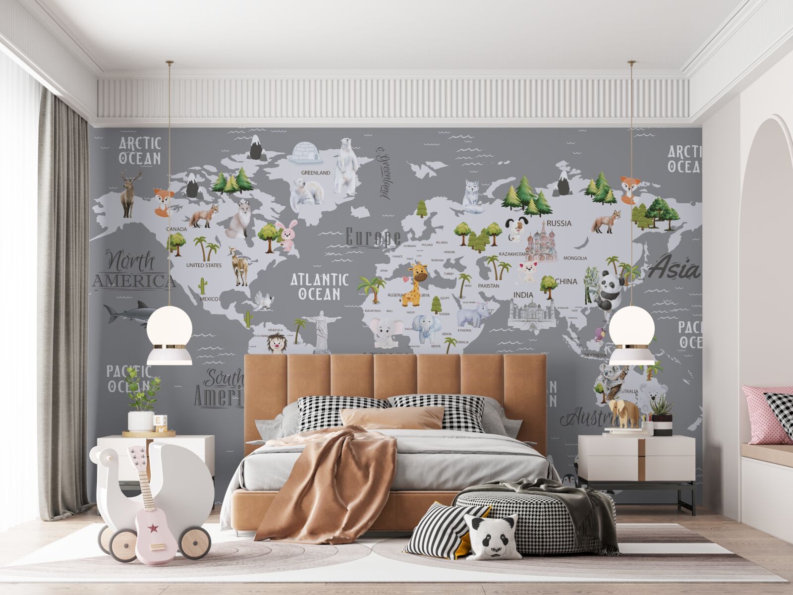 Fototapeta mapa świata z głównymi mieszkańcami i znaczącymi zabytkami