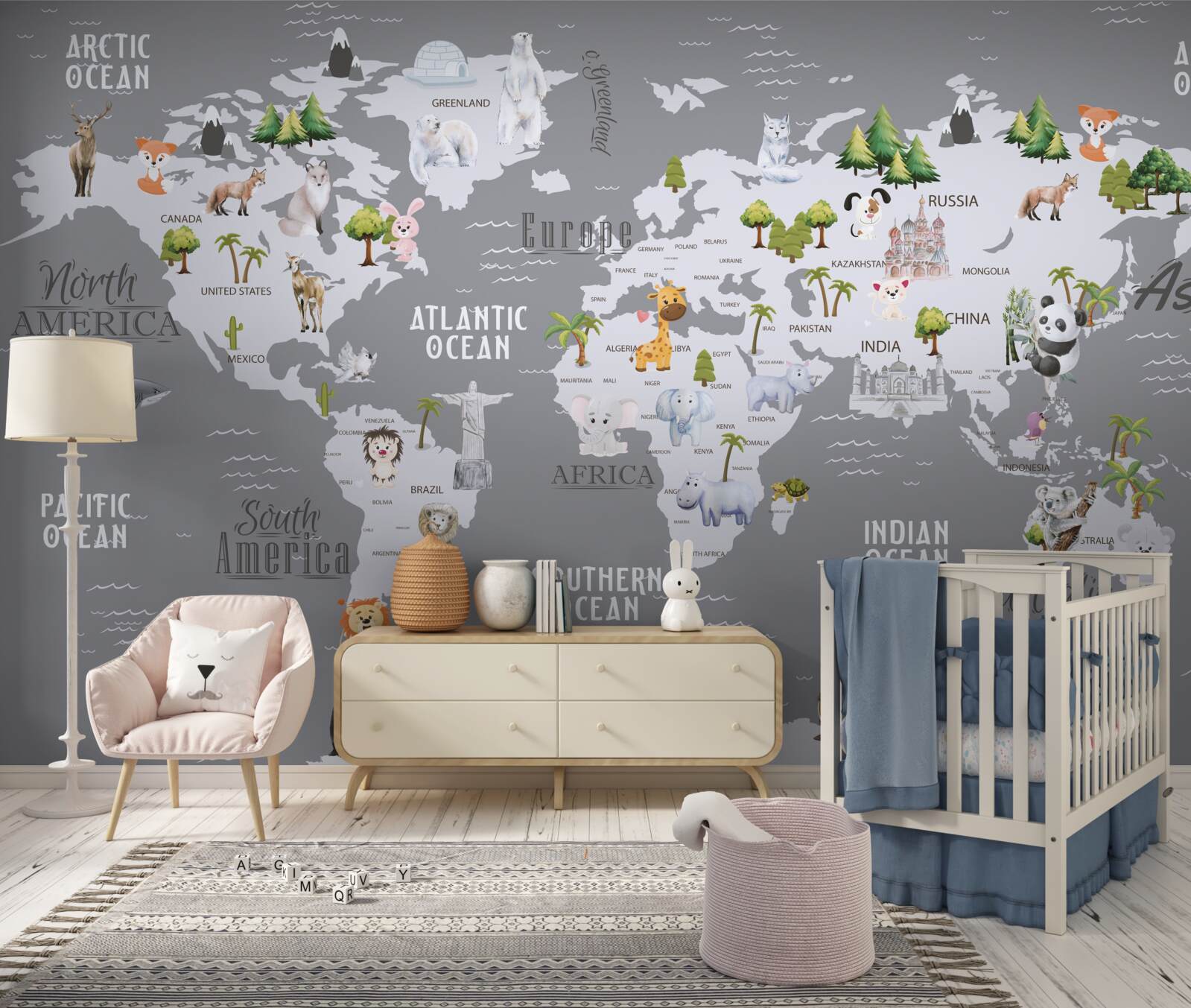 Fototapeta mapa świata z głównymi mieszkańcami i znaczącymi zabytkami