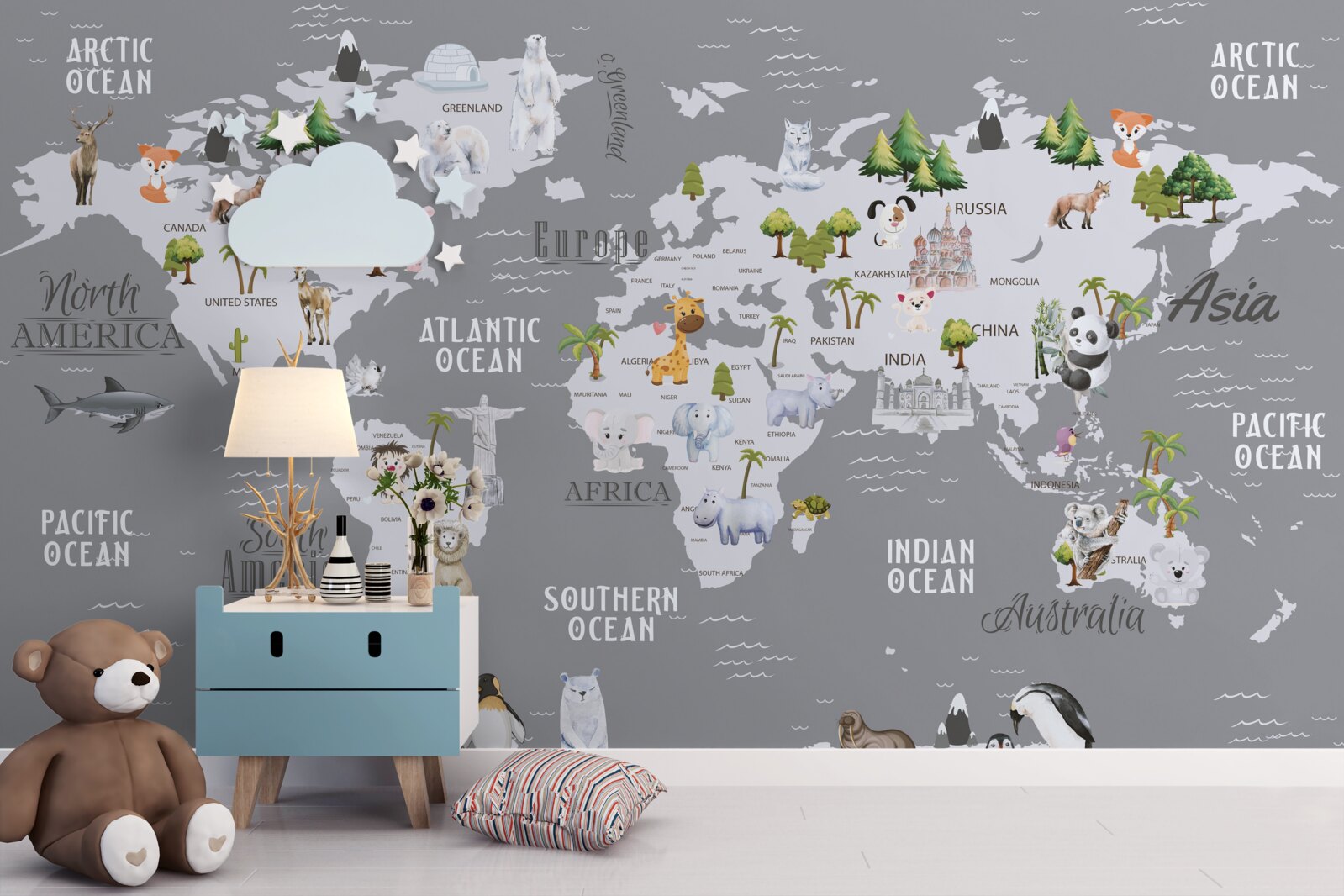 Fototapeta mapa świata z głównymi mieszkańcami i znaczącymi zabytkami