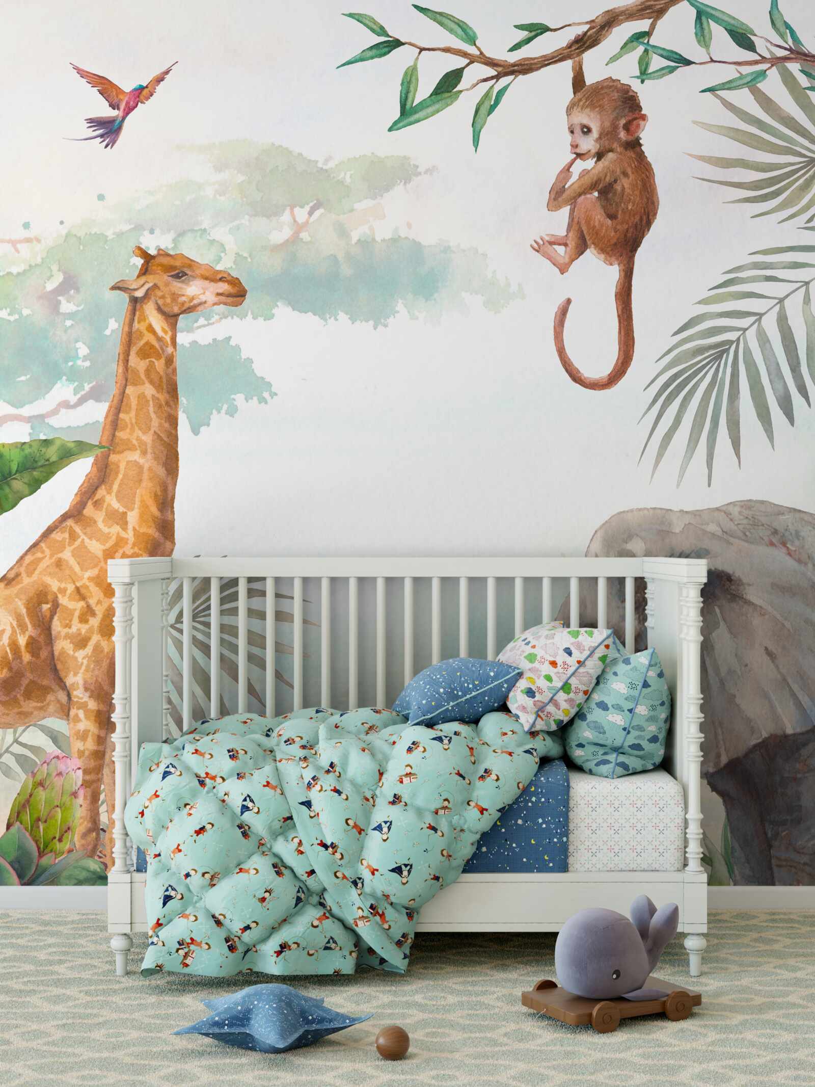 Fototapeta Żyrafa podziwia małpę na drzewie