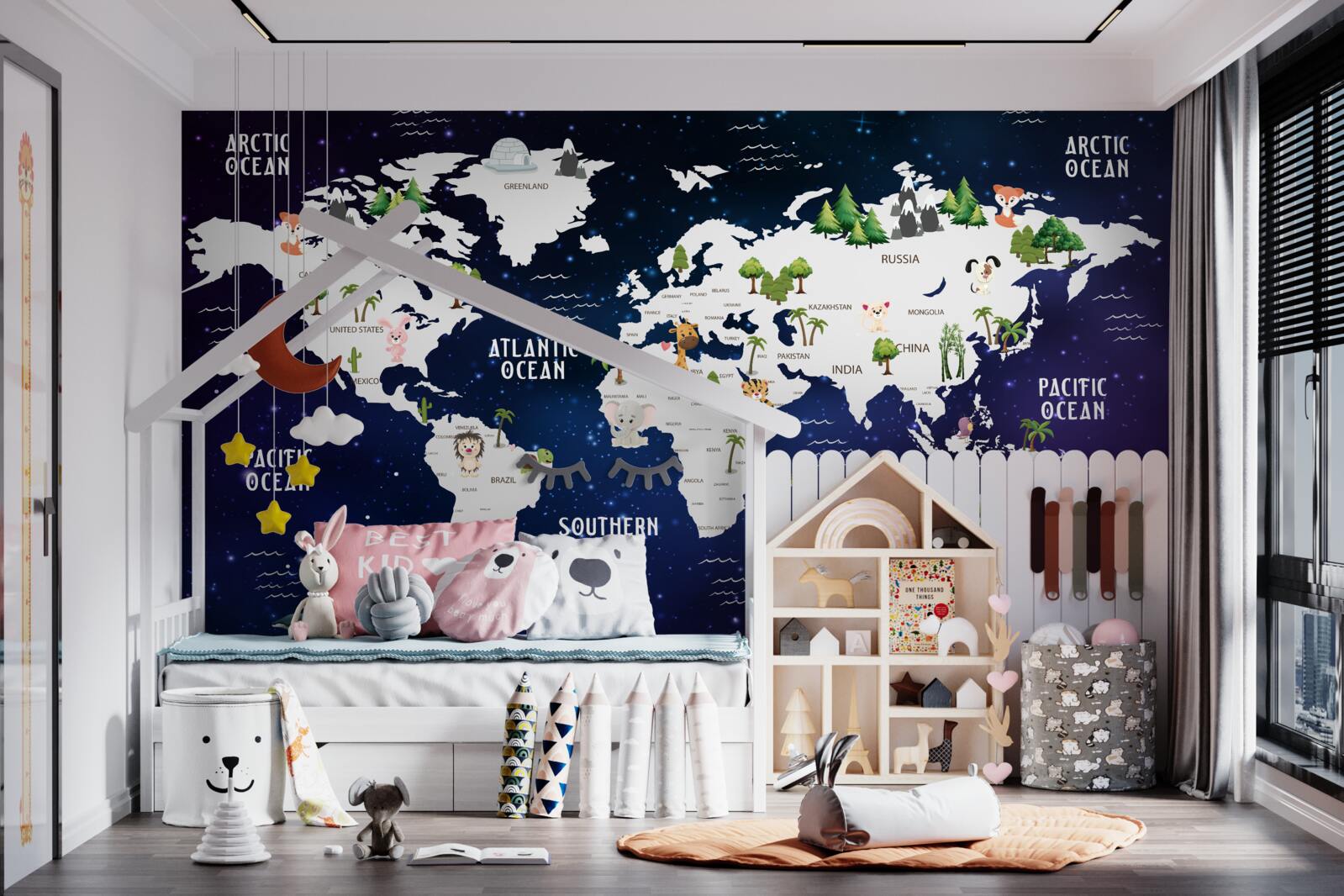 Fototapeta mapa świata nocą z zaznaczonymi oceanami