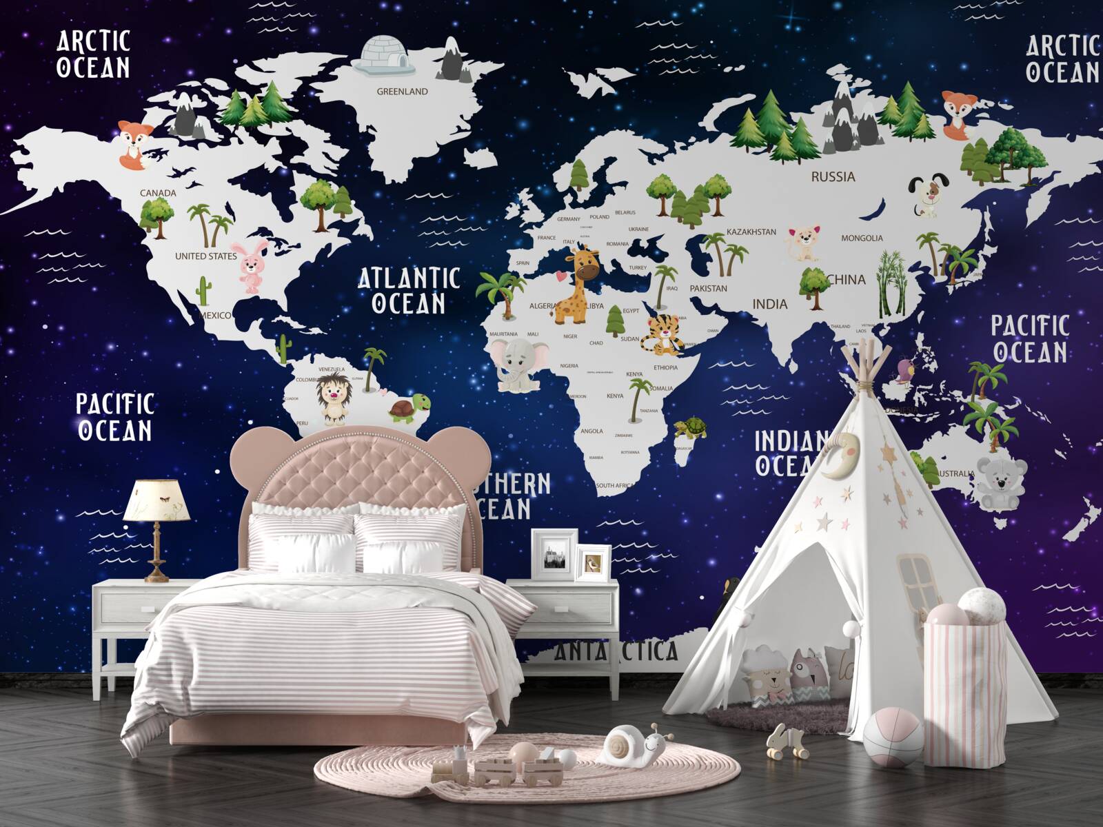 Fototapeta mapa świata nocą z zaznaczonymi oceanami