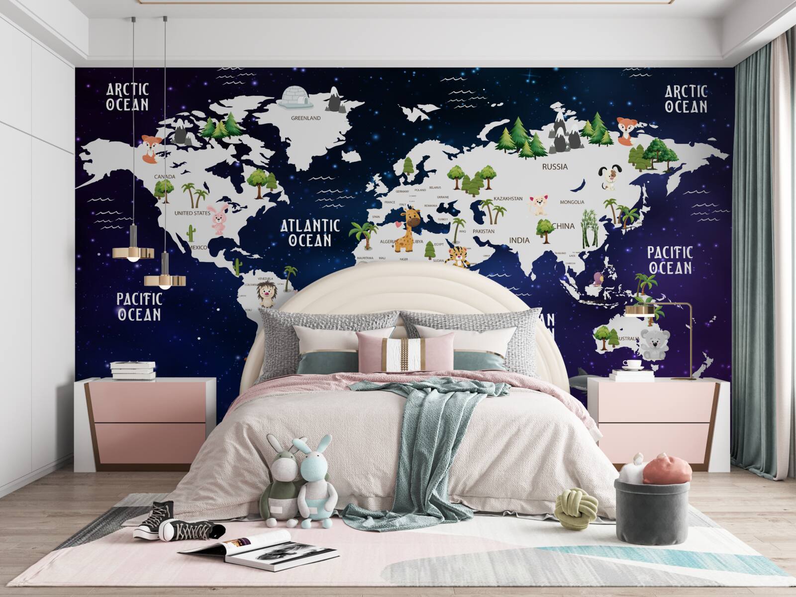 Fototapeta mapa świata nocą z zaznaczonymi oceanami