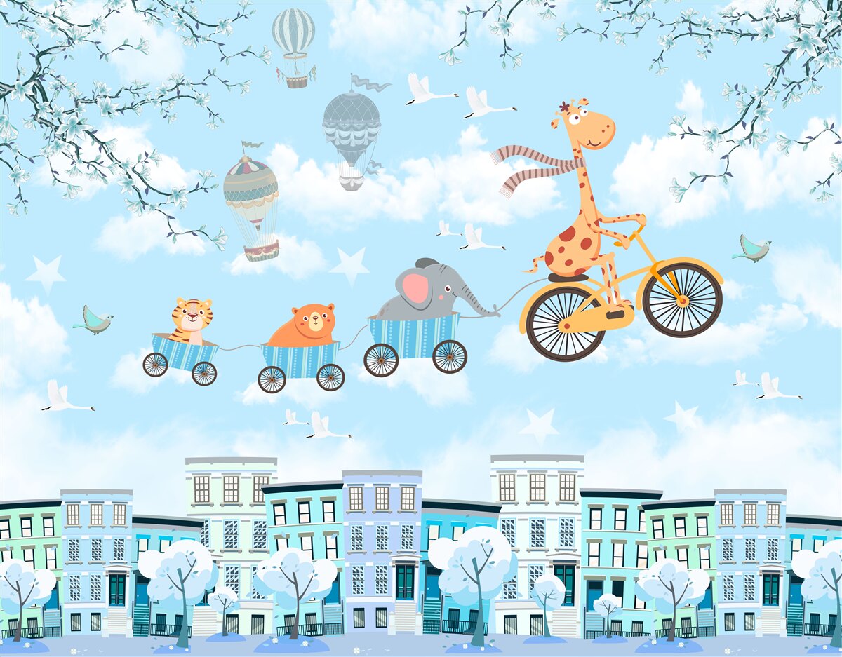 Fototapeta grupa młodych przyjaciół z żyrafą wraca do domu