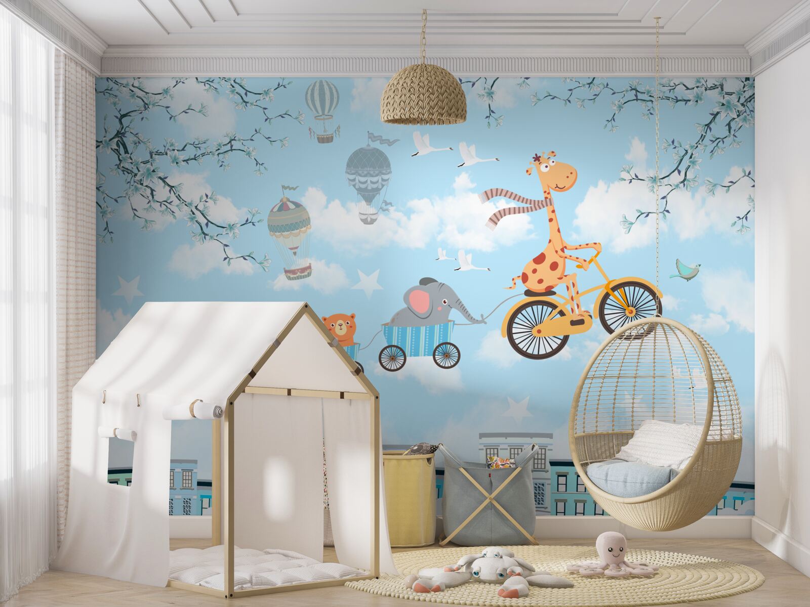 Fototapeta grupa młodych przyjaciół z żyrafą wraca do domu