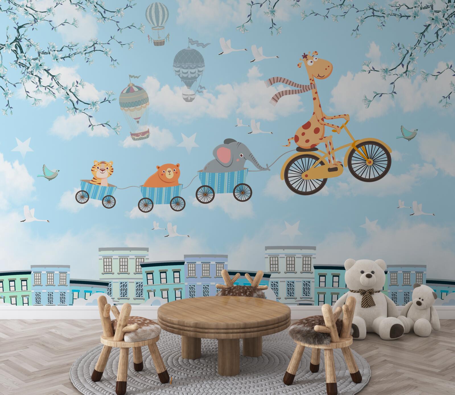 Fototapeta grupa młodych przyjaciół z żyrafą wraca do domu