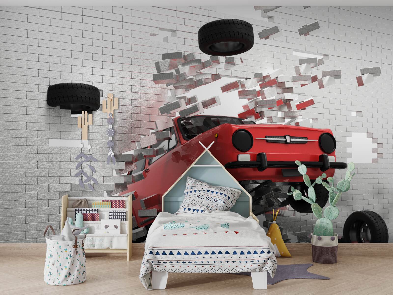 Fototapeta samochód przebija ceglaną ścianę