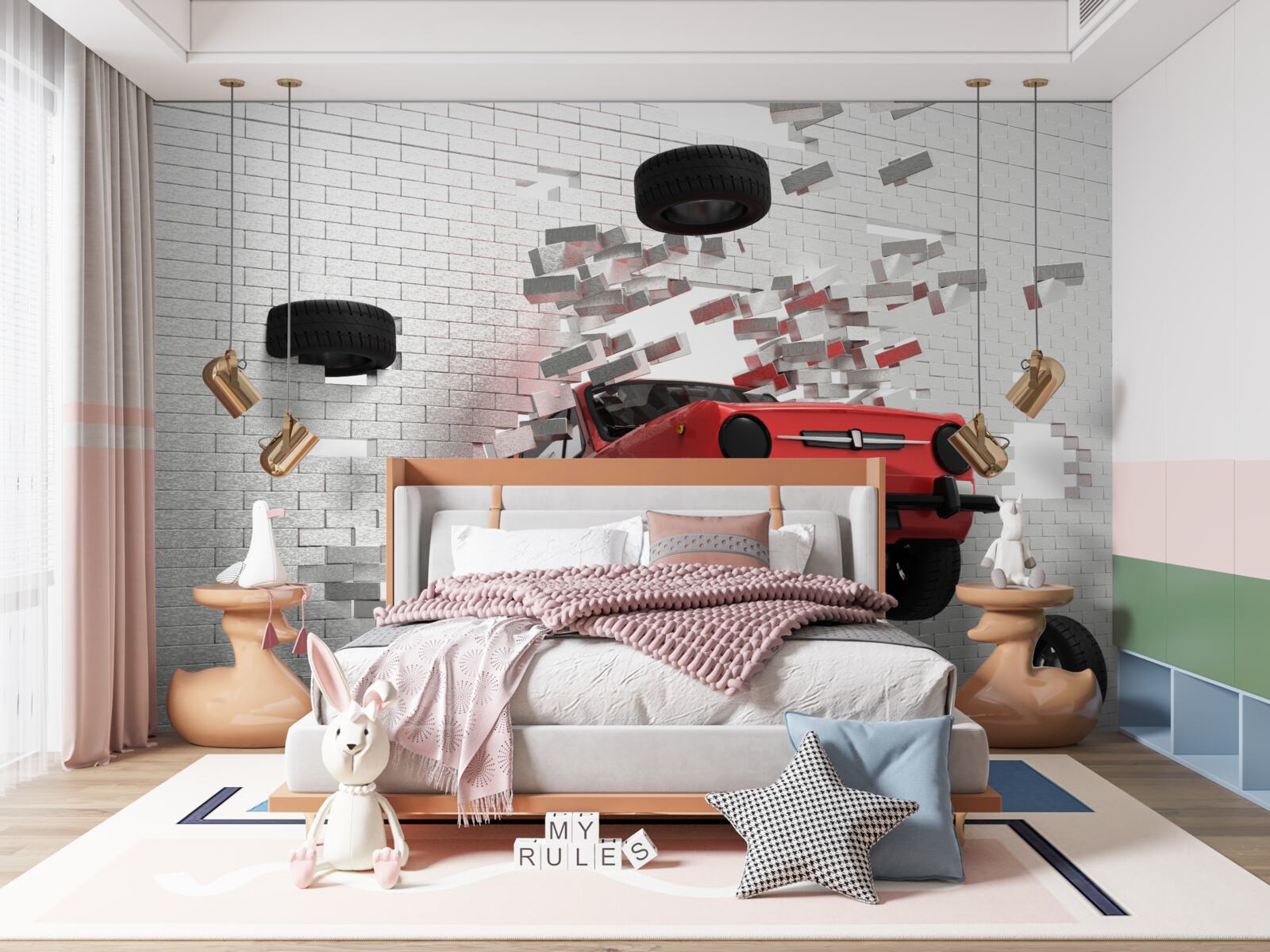 Fototapeta samochód przebija ceglaną ścianę