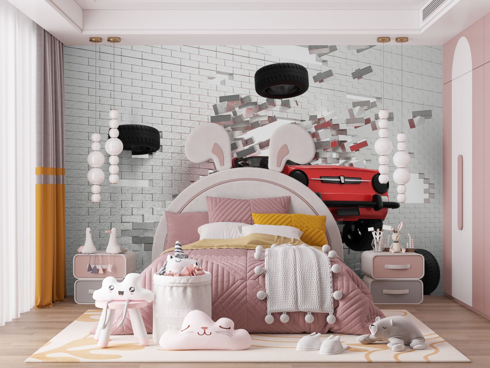 Fototapeta samochód przebija ceglaną ścianę