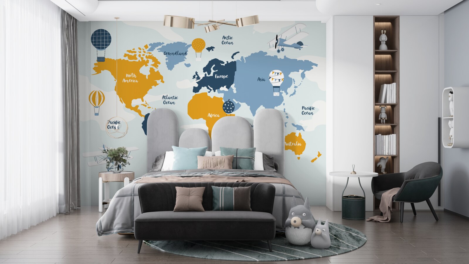 Fototapeta mapa świata pokazująca nazwy kontynentów w kolorze