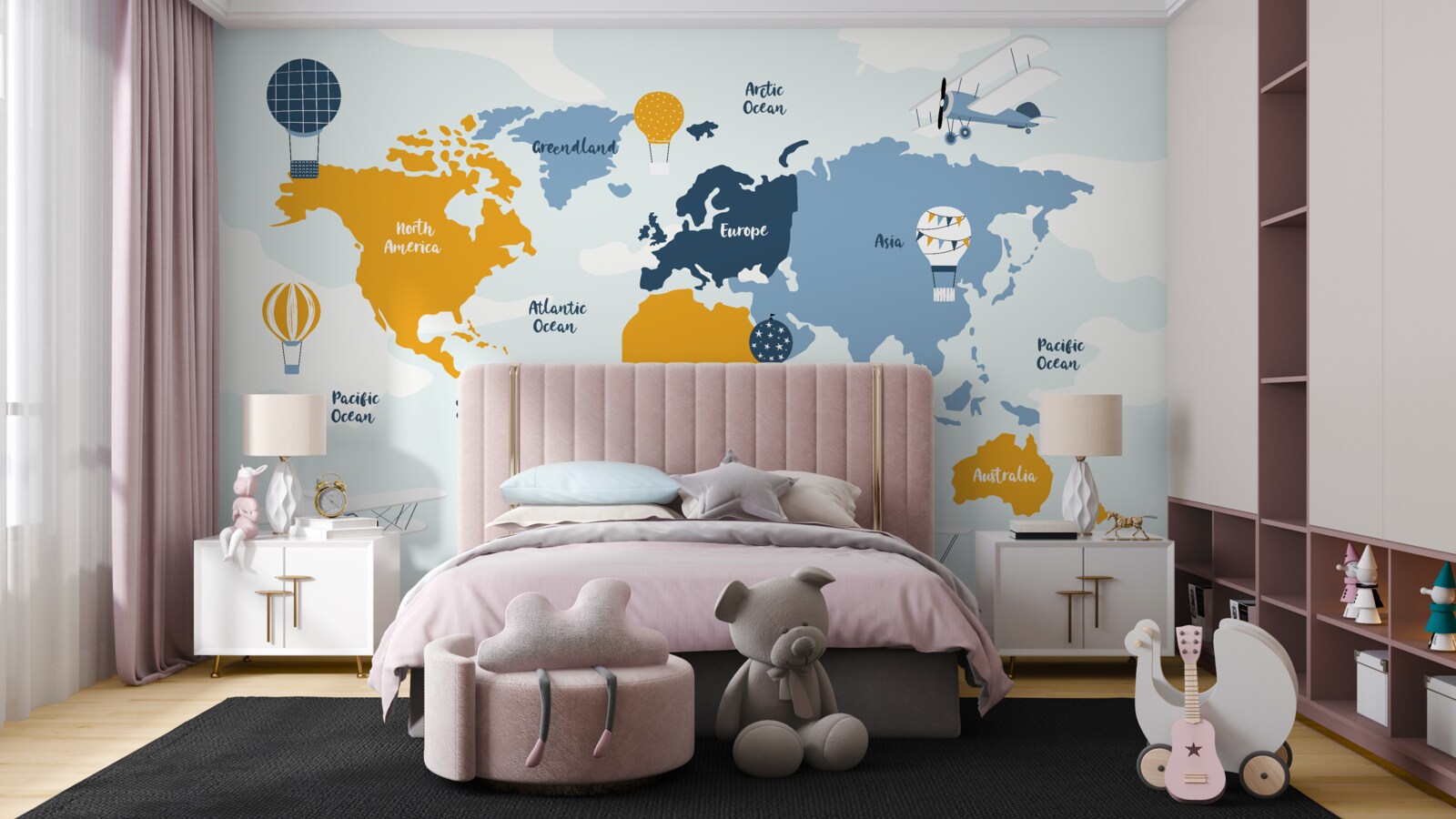 Fototapeta mapa świata pokazująca nazwy kontynentów w kolorze