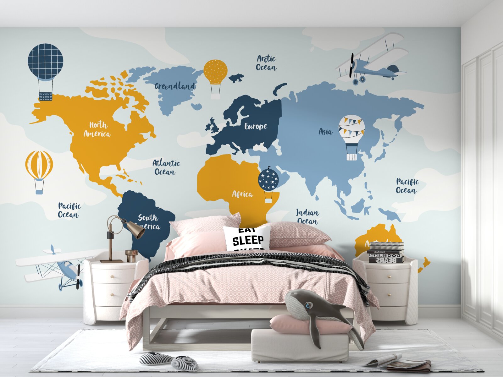 Fototapeta mapa świata pokazująca nazwy kontynentów w kolorze