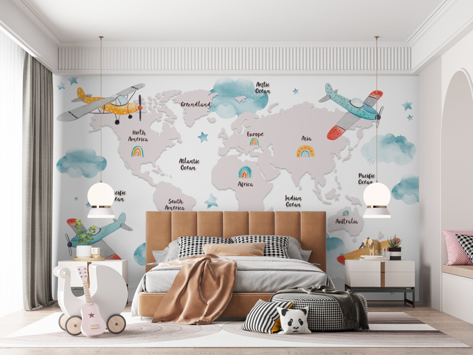 Fototapeta nazwy kontynentów i samolotów na mapie planety