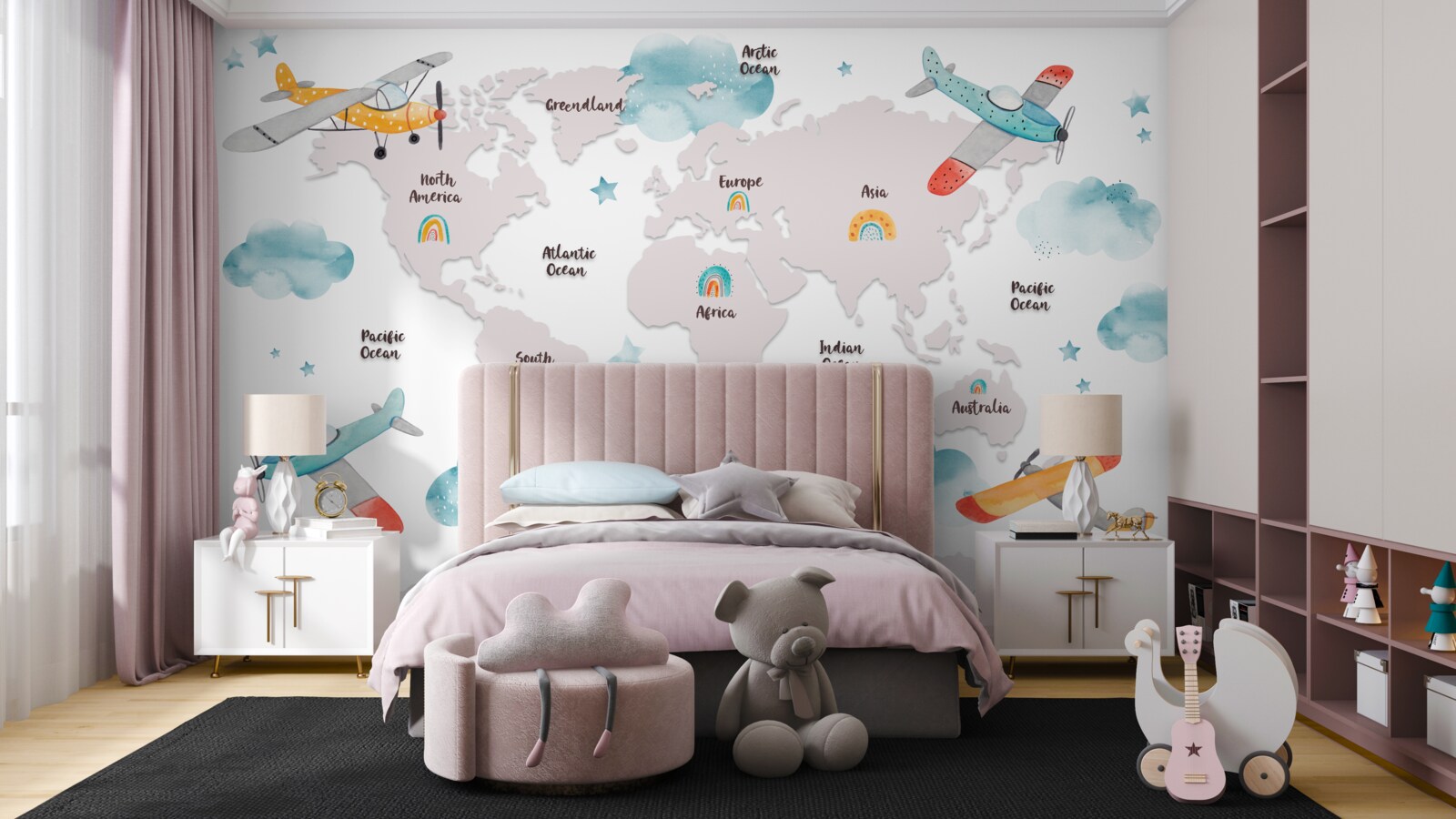 Fototapeta nazwy kontynentów i samolotów na mapie planety