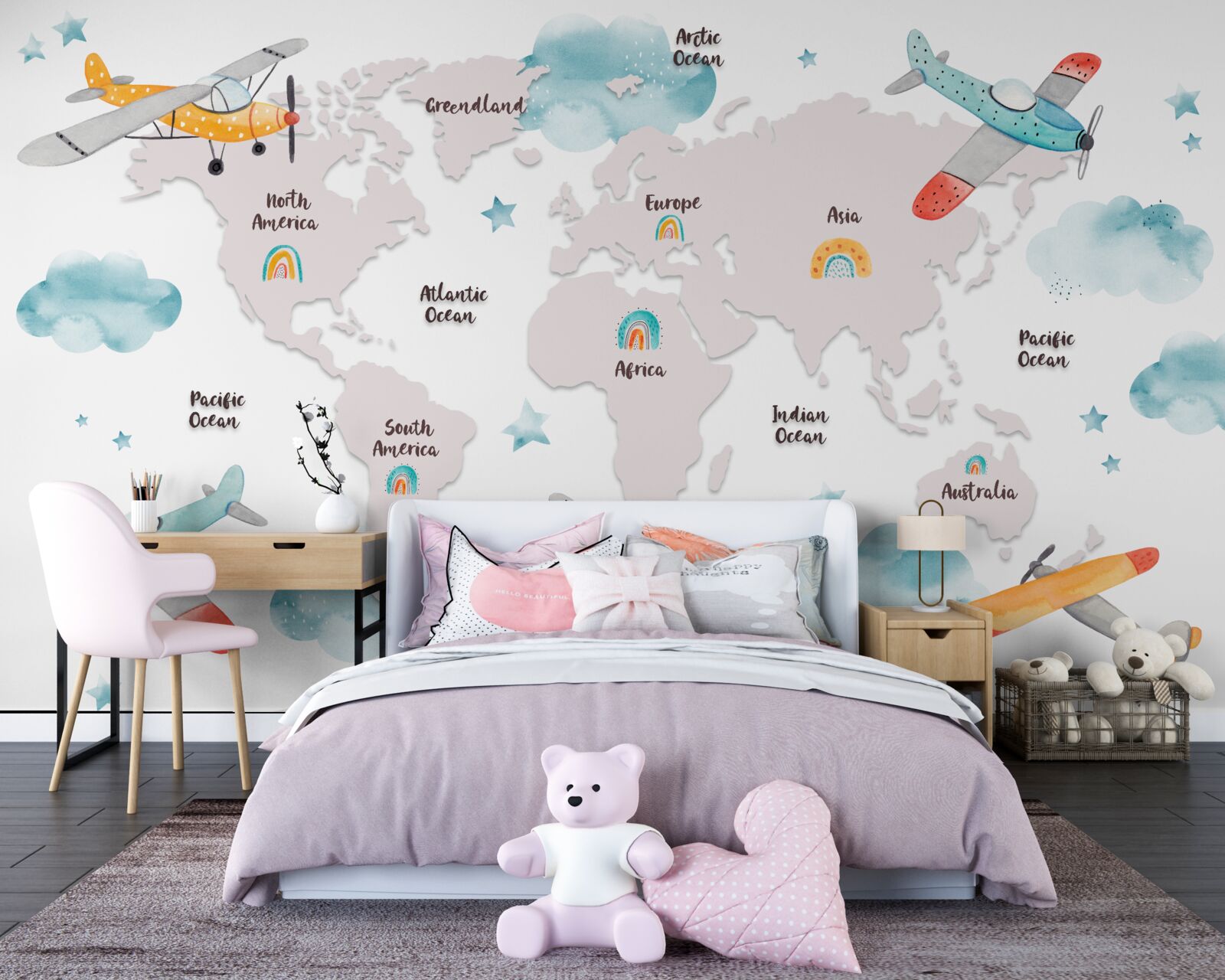 Fototapeta nazwy kontynentów i samolotów na mapie planety