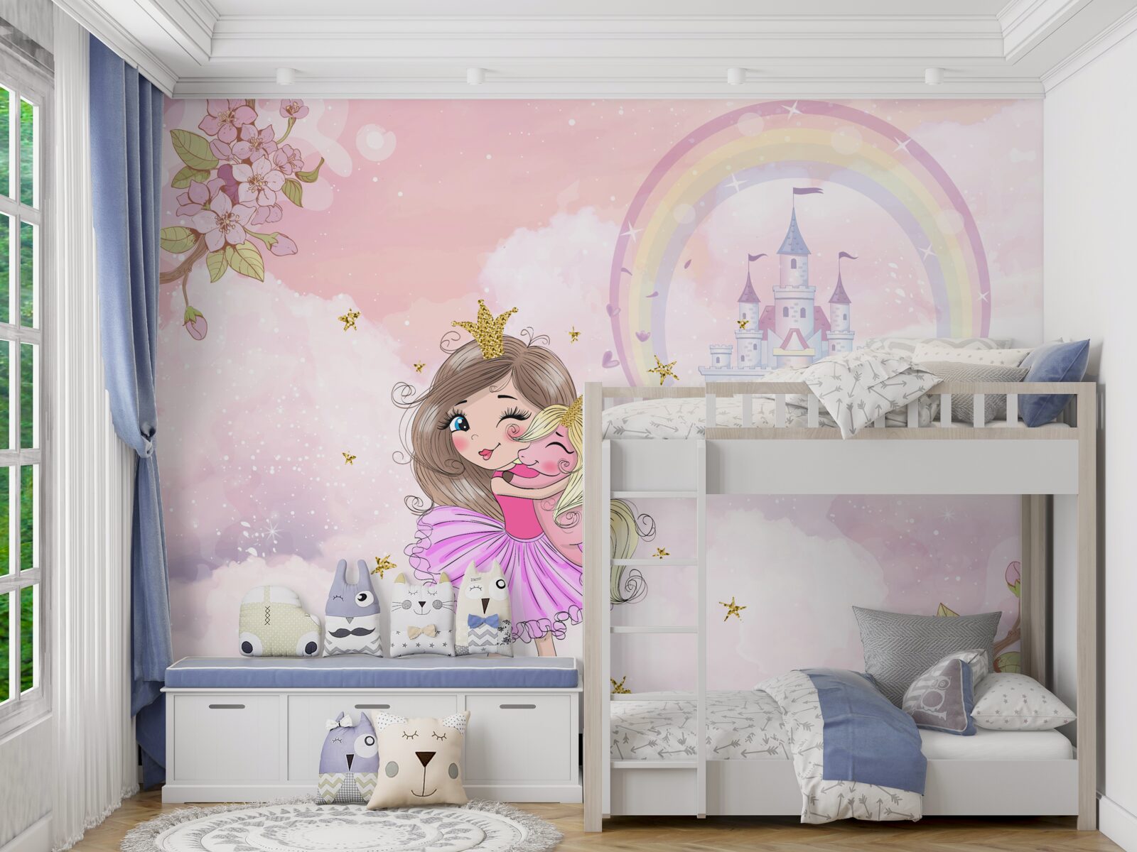 Fototapeta niedaleko zamku znajduje się wróżka i jej przyjaciel jednorożec