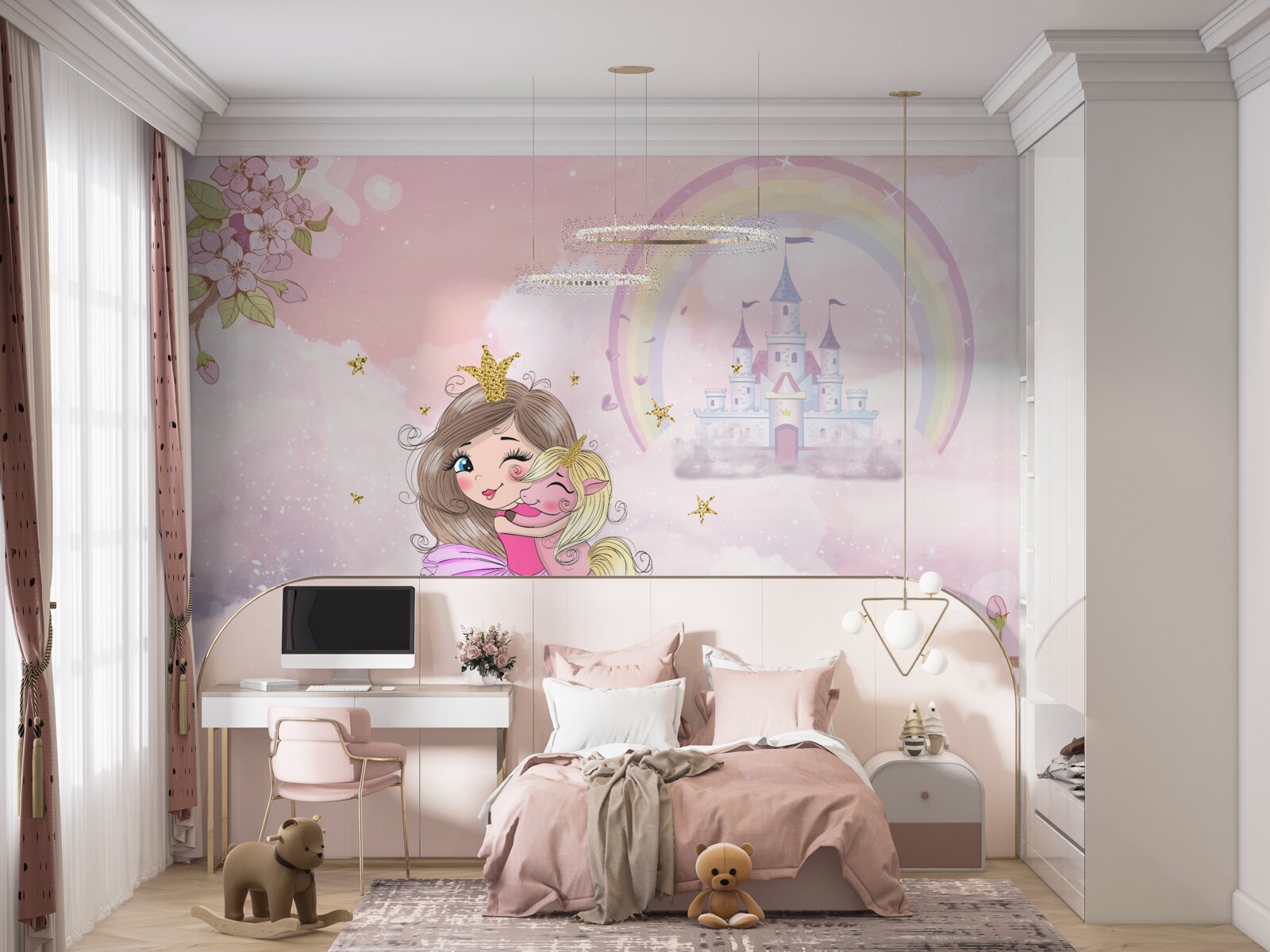 Fototapeta niedaleko zamku znajduje się wróżka i jej przyjaciel jednorożec