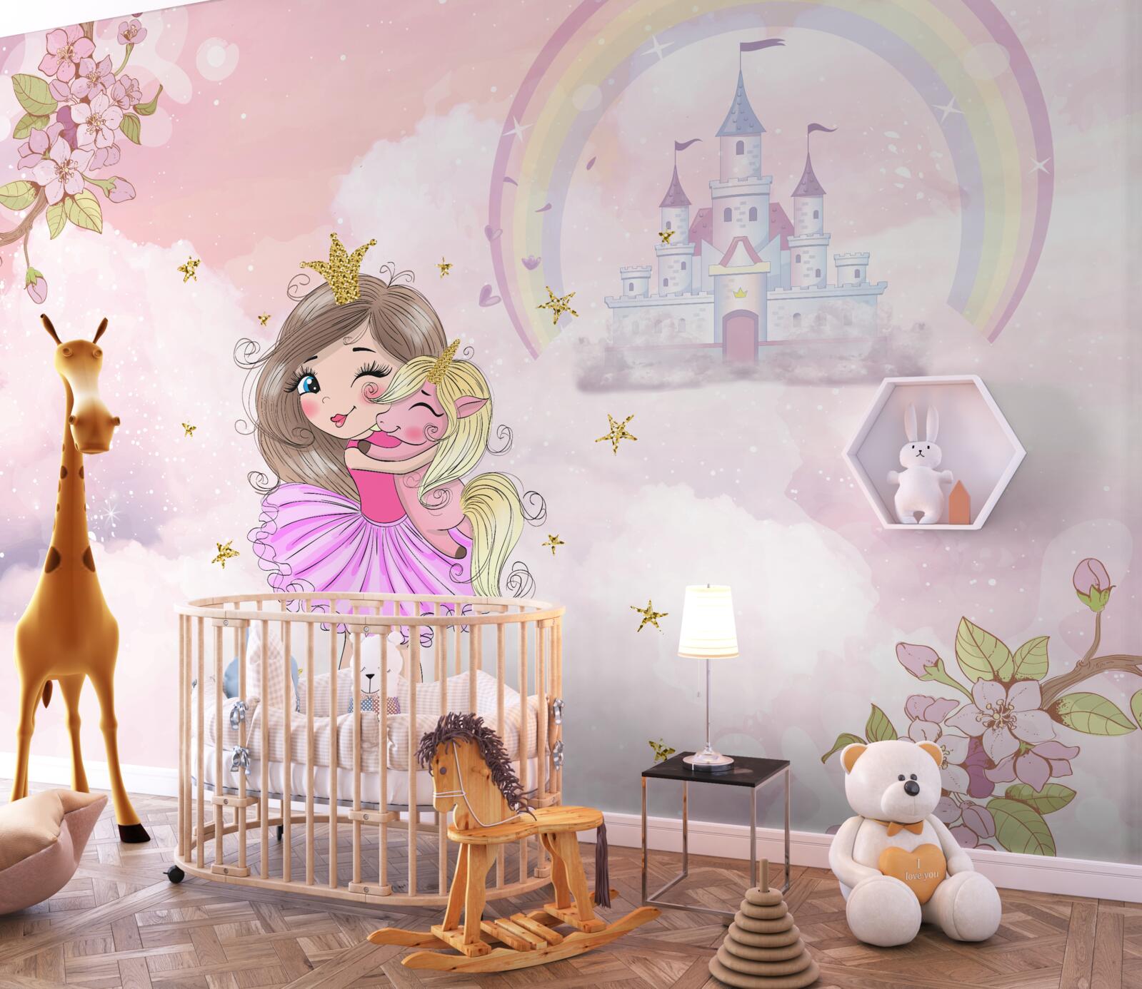 Fototapeta niedaleko zamku znajduje się wróżka i jej przyjaciel jednorożec