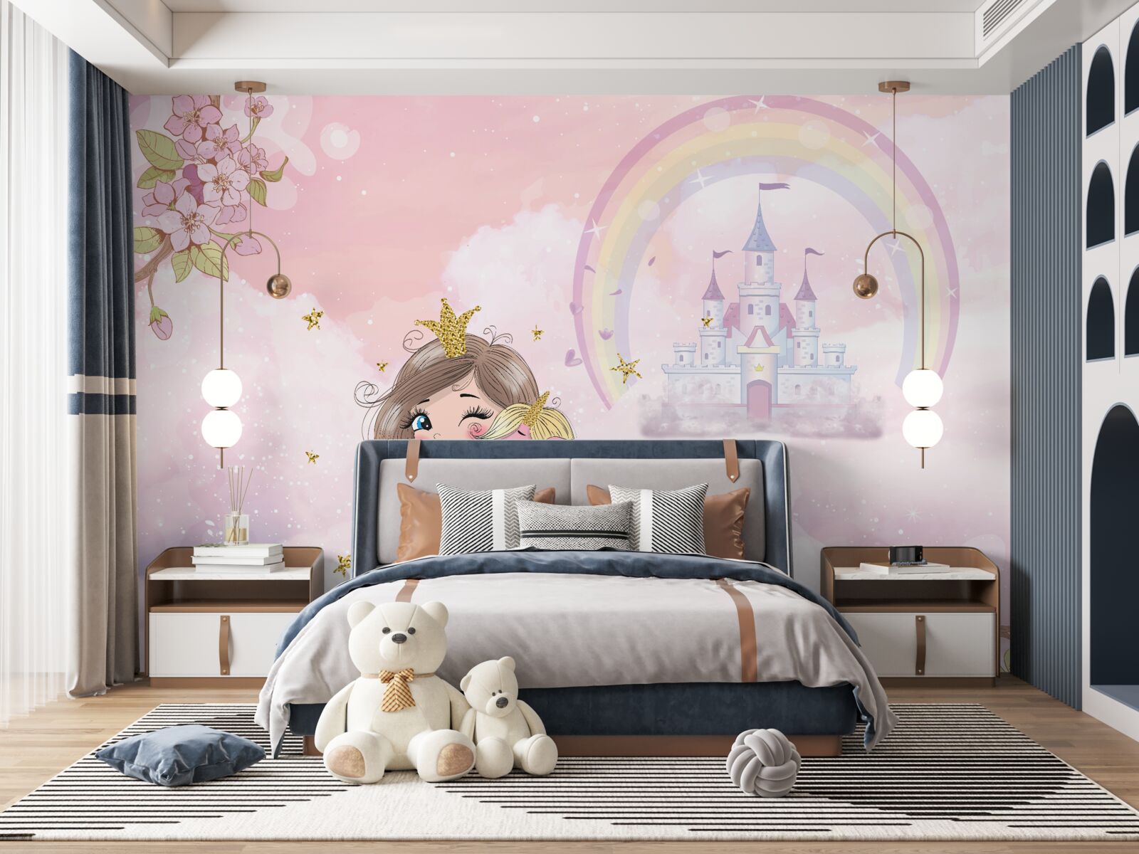 Fototapeta niedaleko zamku znajduje się wróżka i jej przyjaciel jednorożec