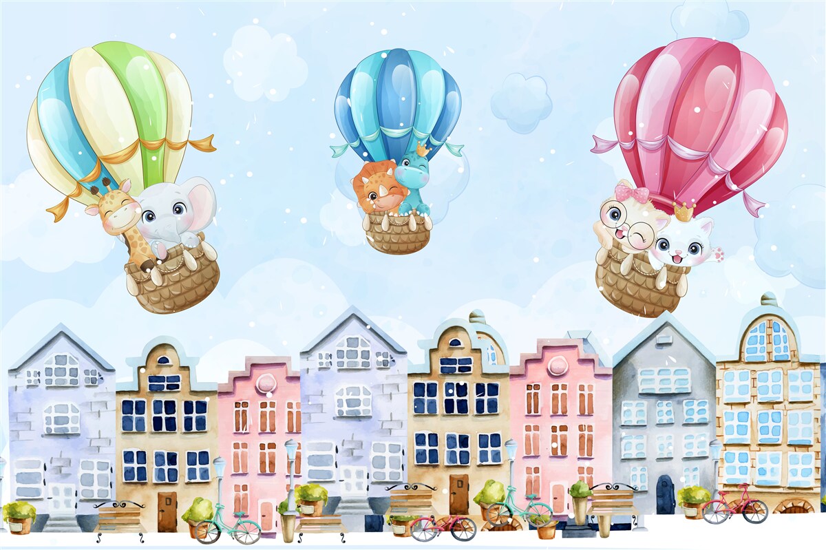 Fototapeta zwierzęta latają nad miastem, balansując na piłkach