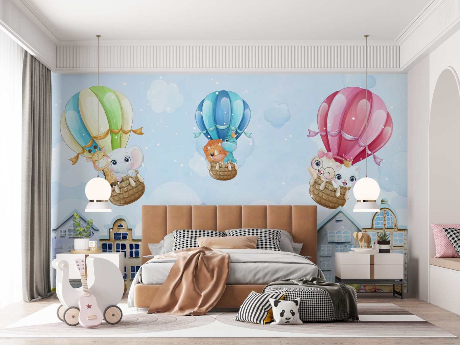 Fototapeta zwierzęta latają nad miastem, balansując na piłkach