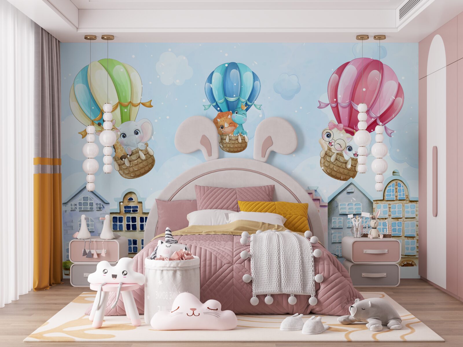 Fototapeta zwierzęta latają nad miastem, balansując na piłkach