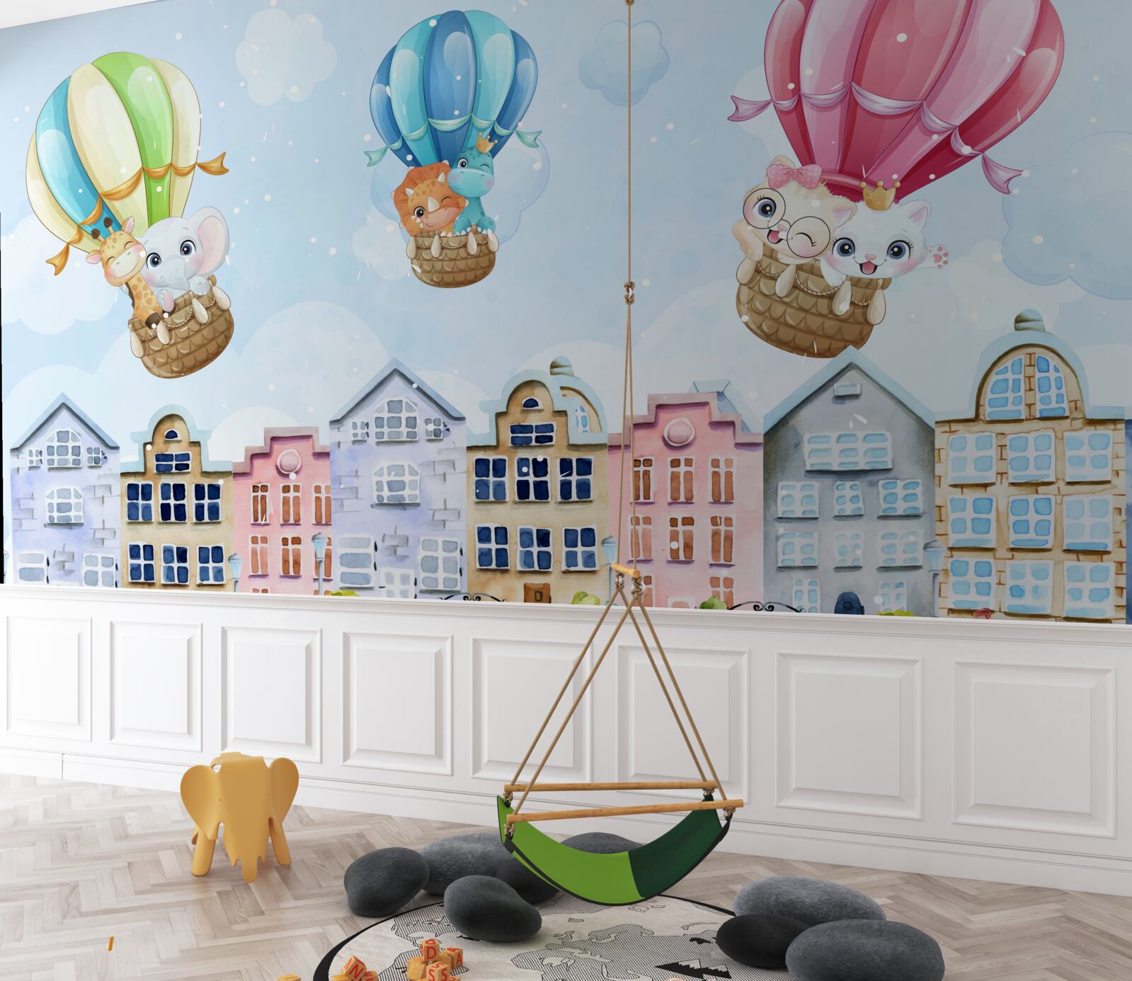 Fototapeta zwierzęta latają nad miastem, balansując na piłkach