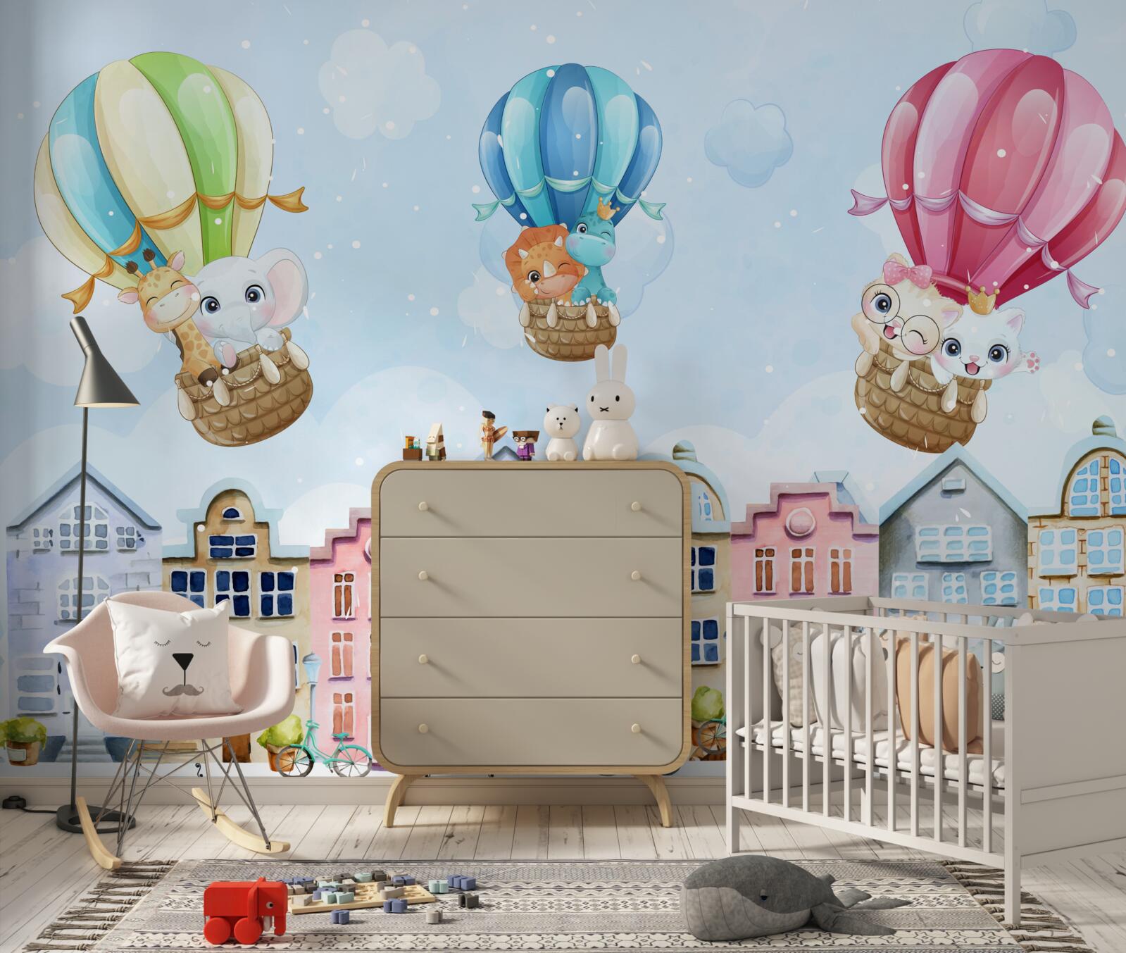 Fototapeta zwierzęta latają nad miastem, balansując na piłkach