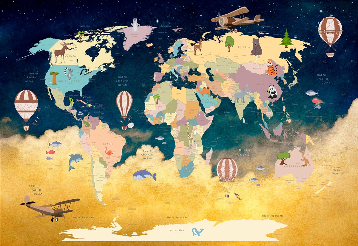 Fototapeta mapa świata w kolorach niebieskim i żółtym