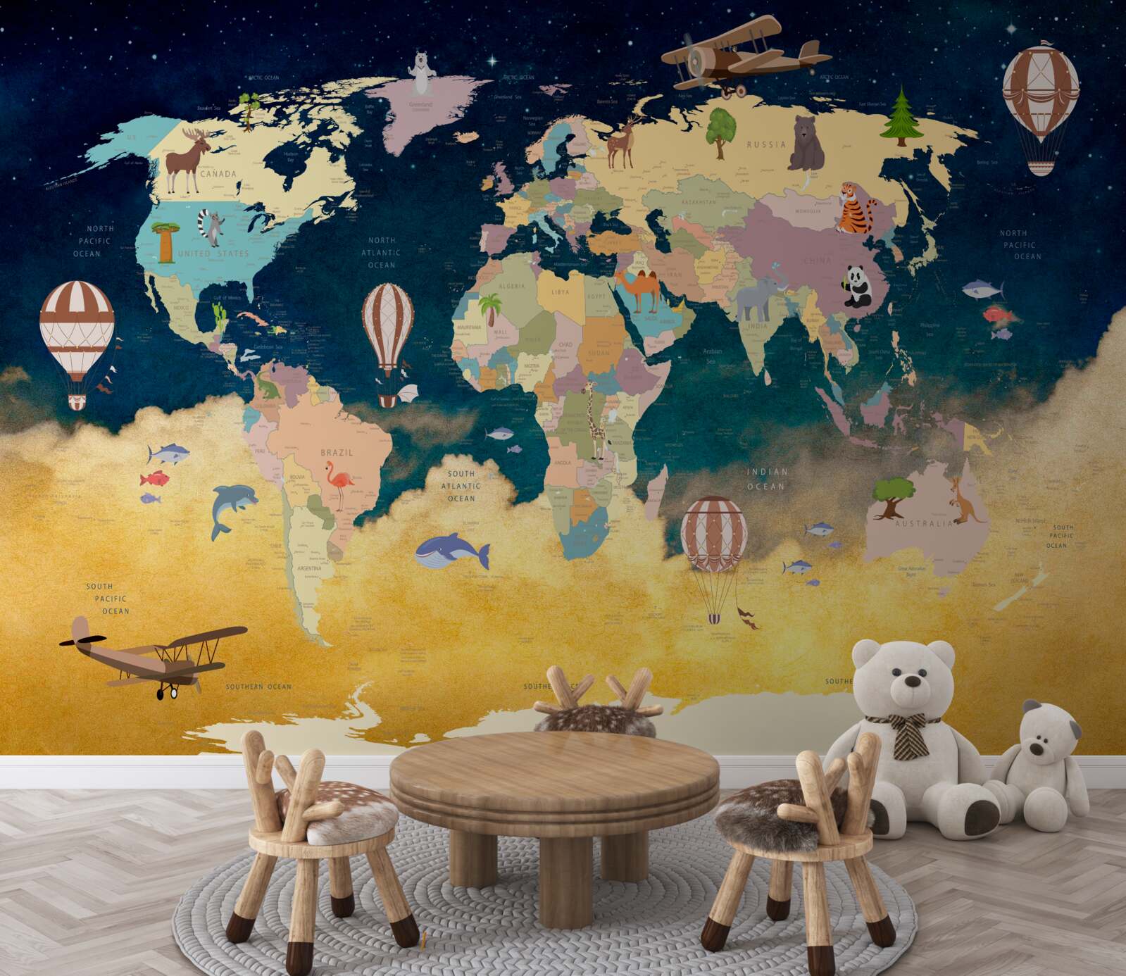 Fototapeta mapa świata w kolorach niebieskim i żółtym