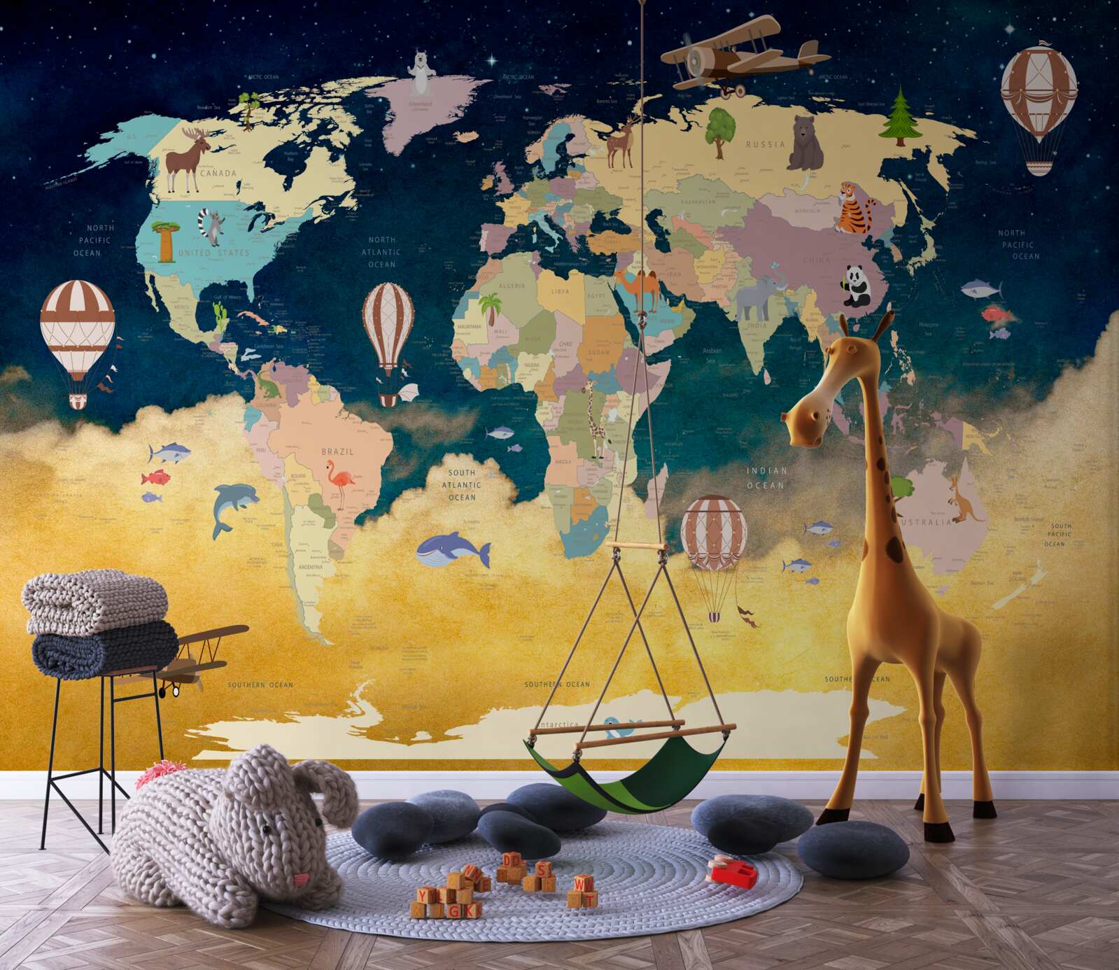 Fototapeta mapa świata w kolorach niebieskim i żółtym