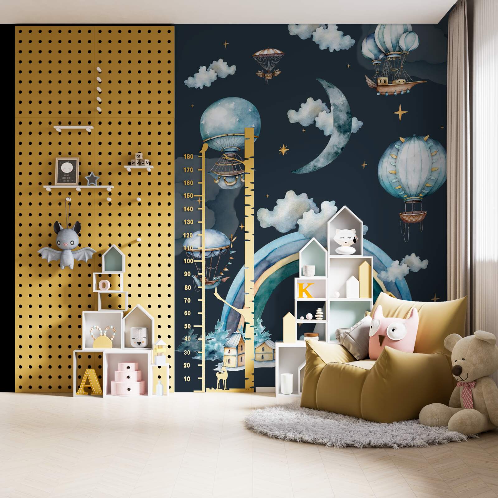 Fototapeta dom z bajki, położony u podnóża góry pod tęczą