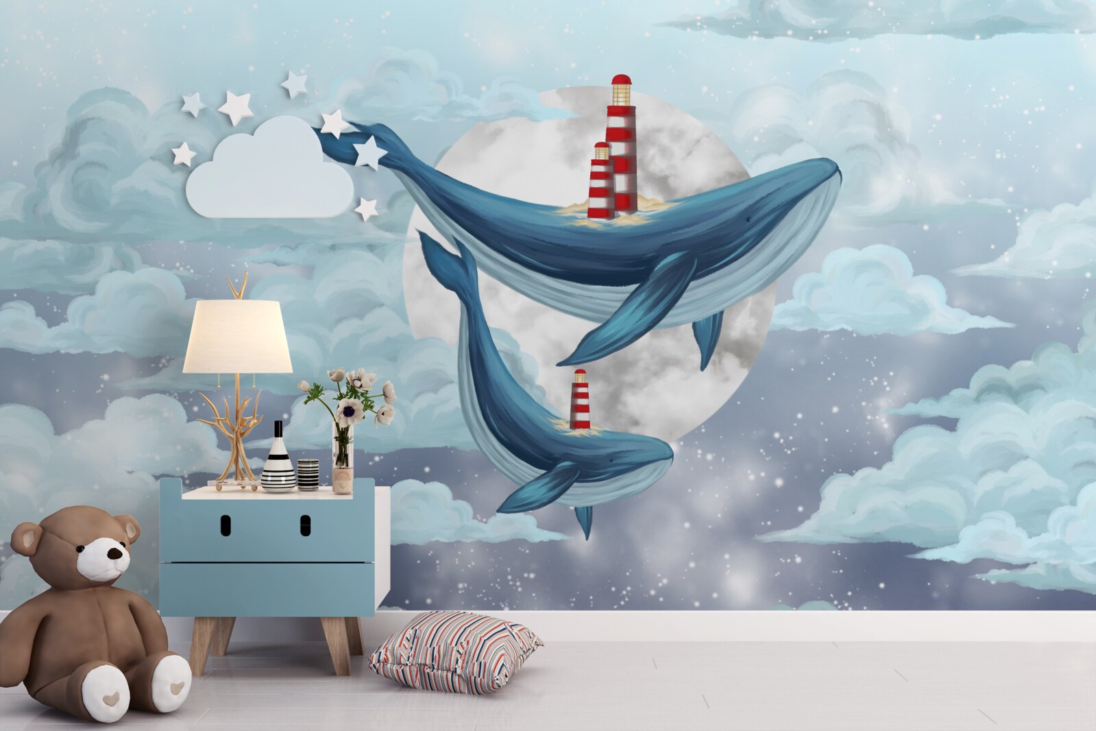 Fototapeta wieloryby na tle pochmurnego księżyca