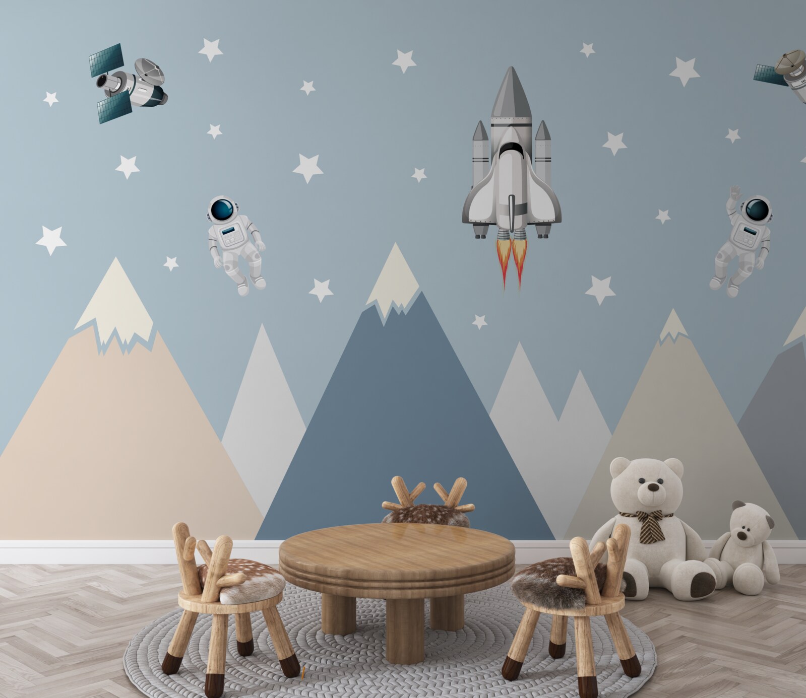 Fototapeta rakiety i astronauci przelecieli nad górami