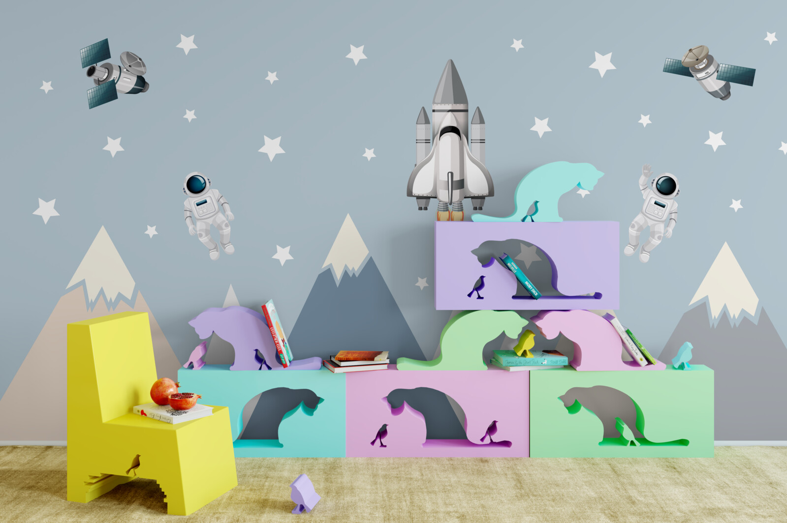 Fototapeta rakiety i astronauci przelecieli nad górami