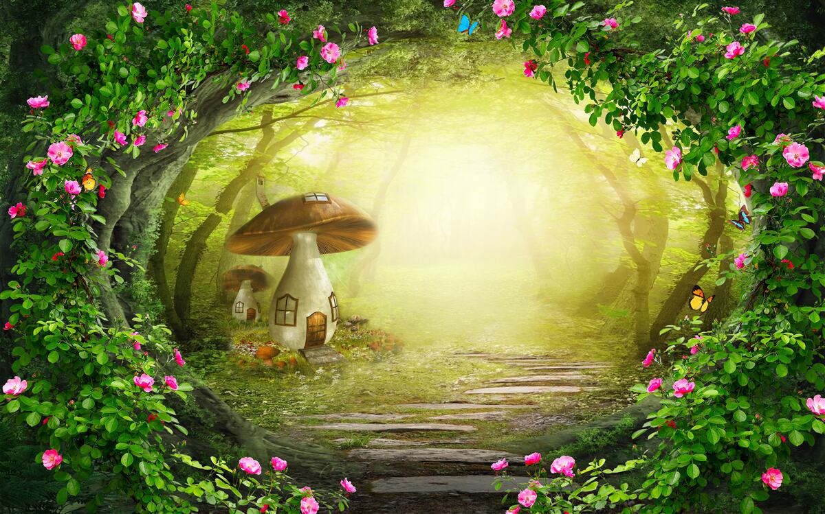 Fototapeta dom z grzybów o świcie w lesie