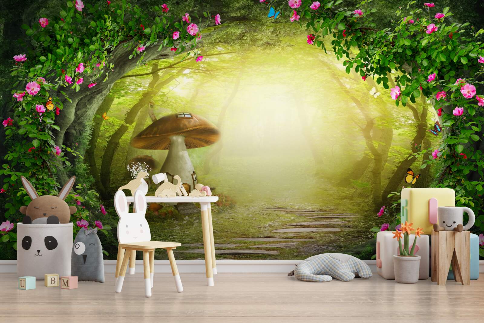 Fototapeta dom z grzybów o świcie w lesie