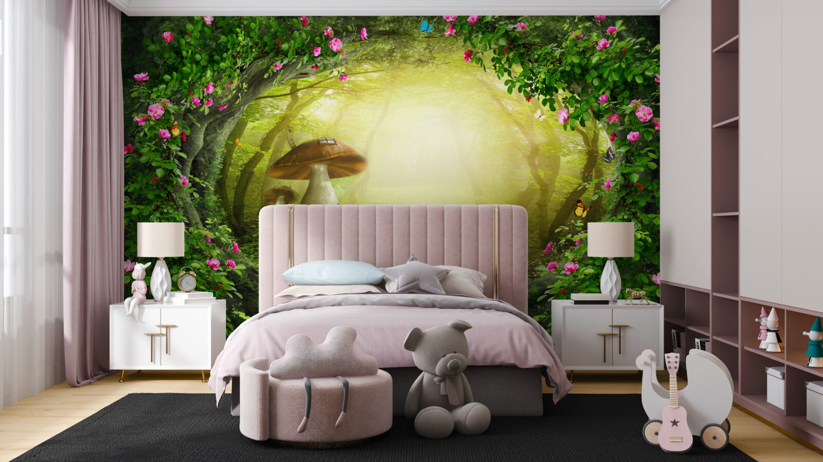 Fototapeta dom z grzybów o świcie w lesie