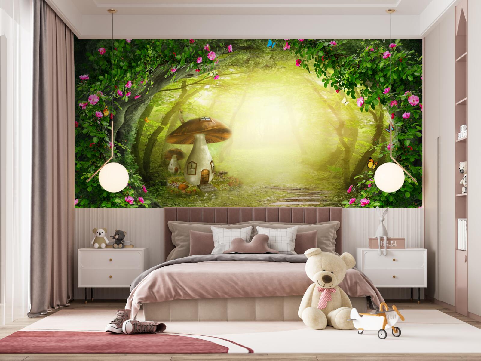 Fototapeta dom z grzybów o świcie w lesie