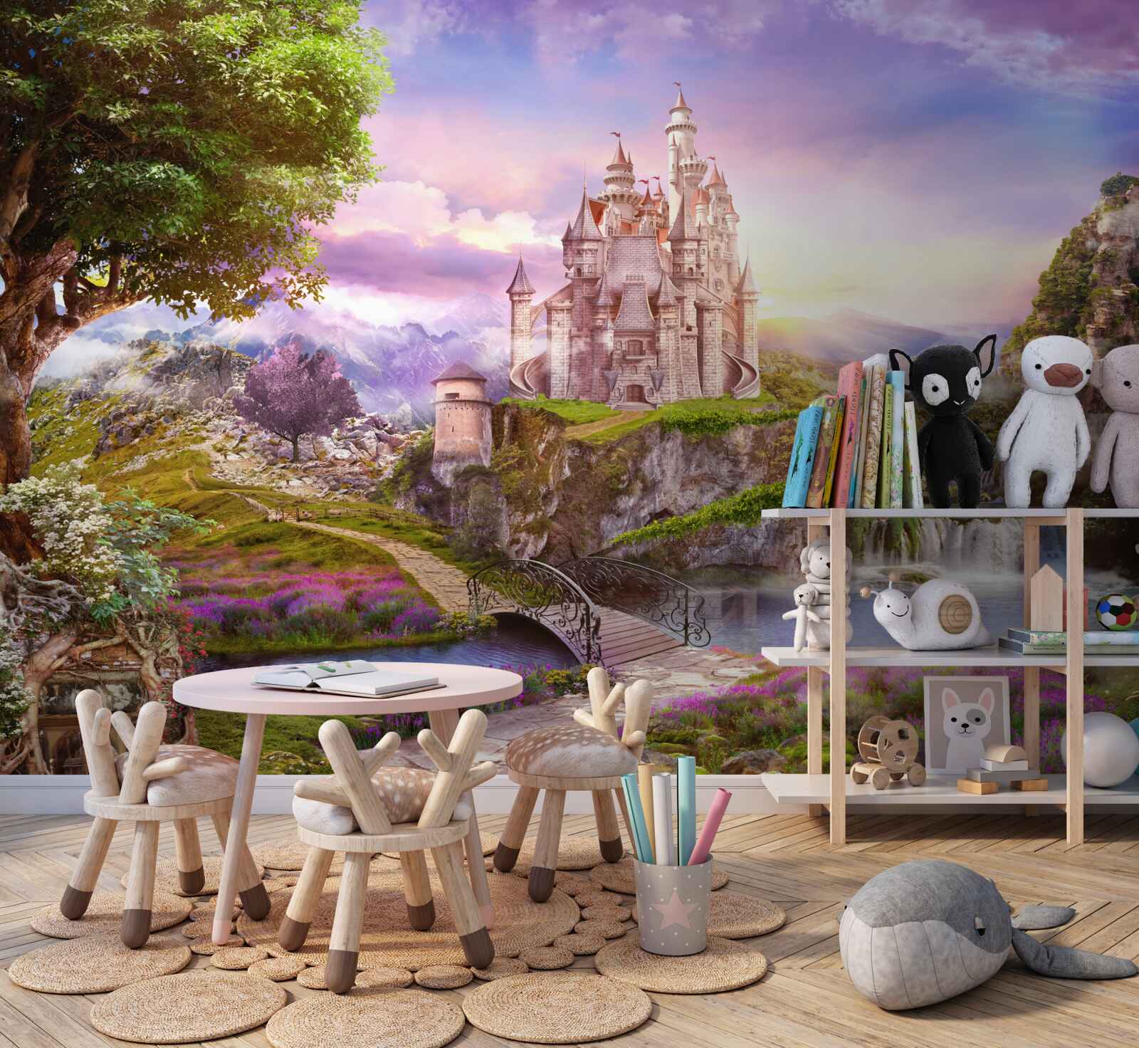 Fototapeta po drugiej stronie rzeki znajduje się magiczna forteca