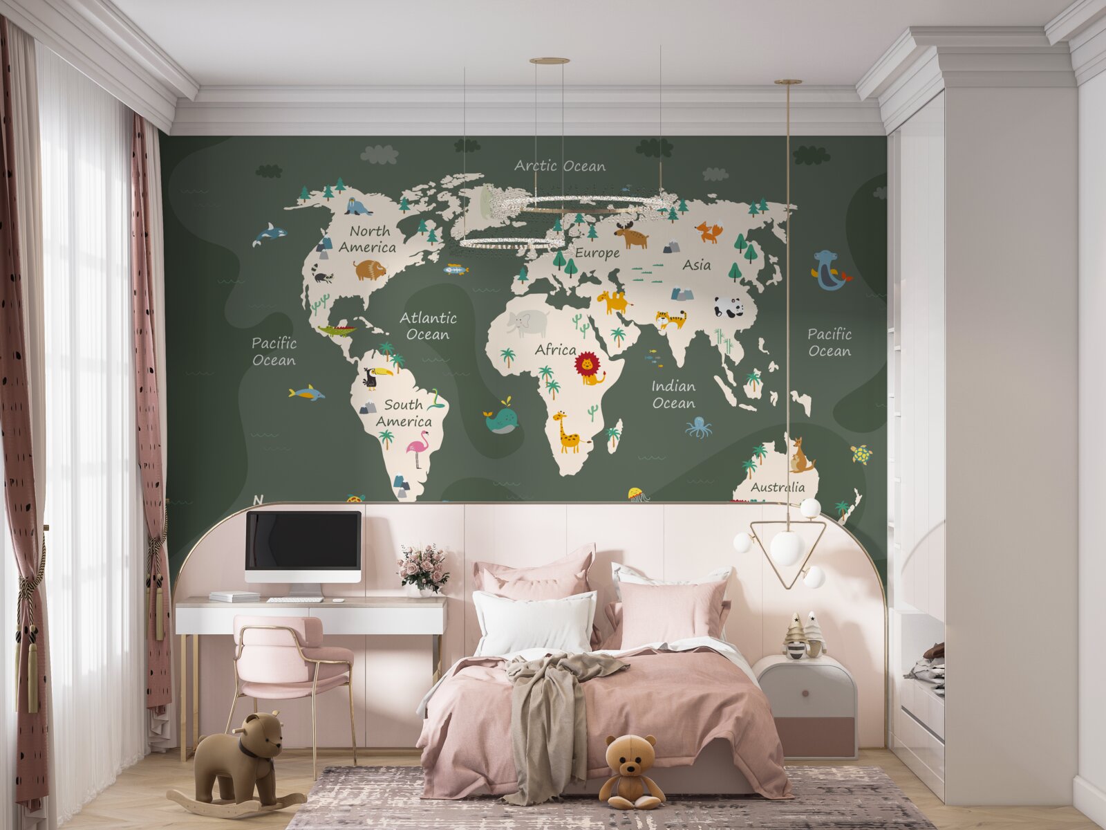 Fototapeta mapa świata nocą z wizerunkami kluczowych zwierząt