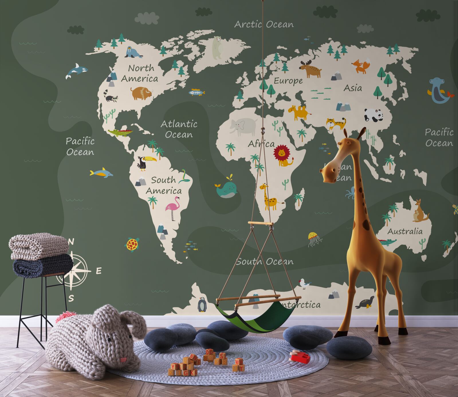 Fototapeta mapa świata nocą z wizerunkami kluczowych zwierząt