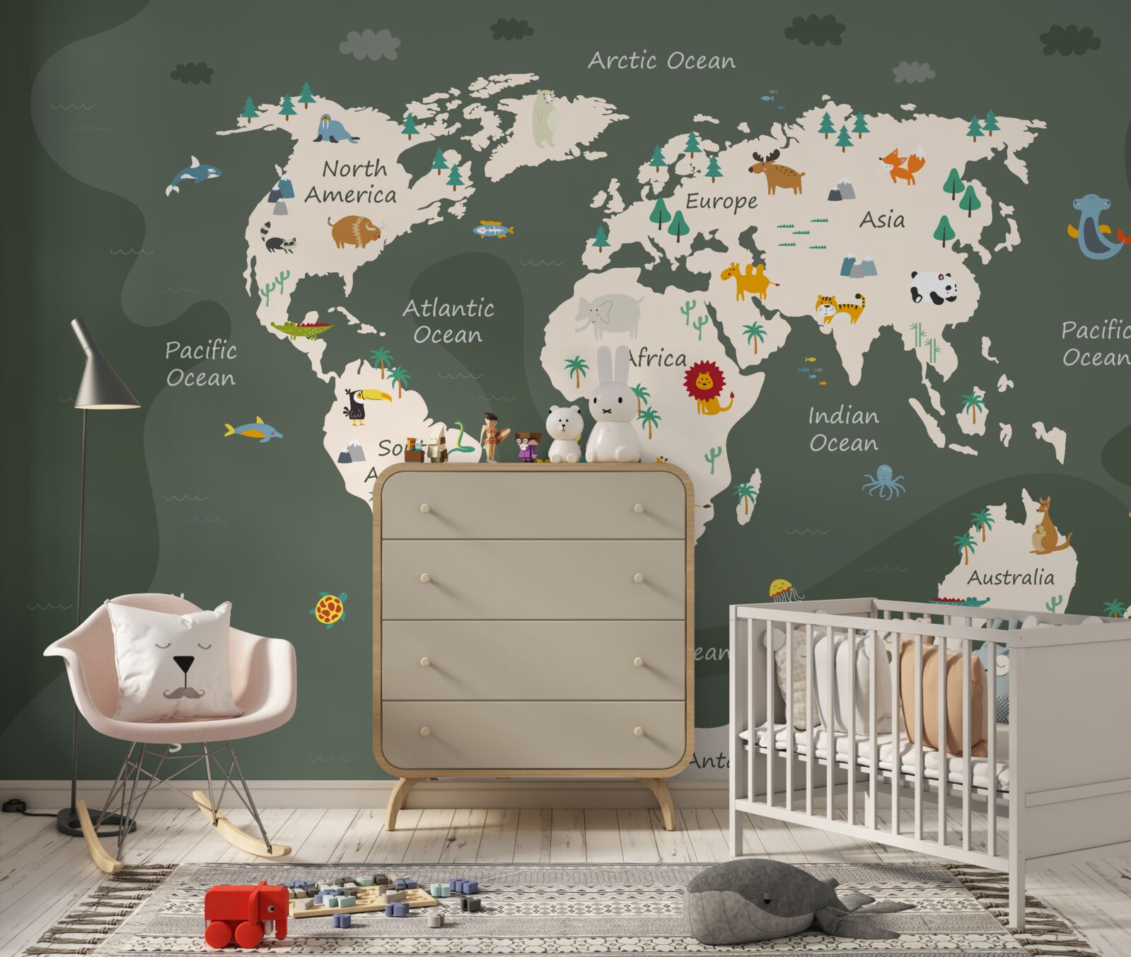 Fototapeta mapa świata nocą z wizerunkami kluczowych zwierząt