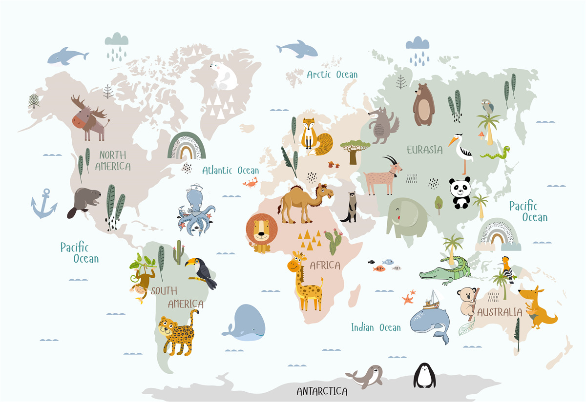 Fototapeta mapa świata i przedstawiciele kontynentów