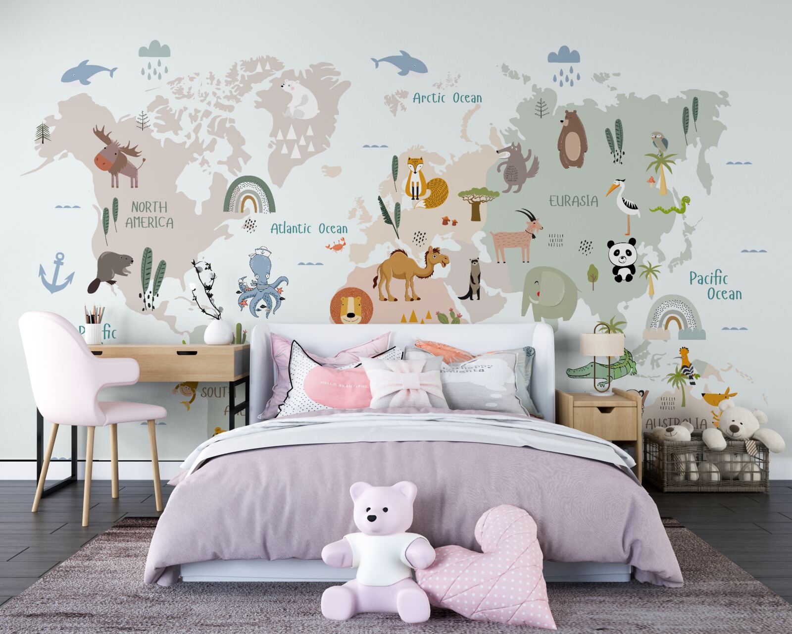 Fototapeta mapa świata i przedstawiciele kontynentów