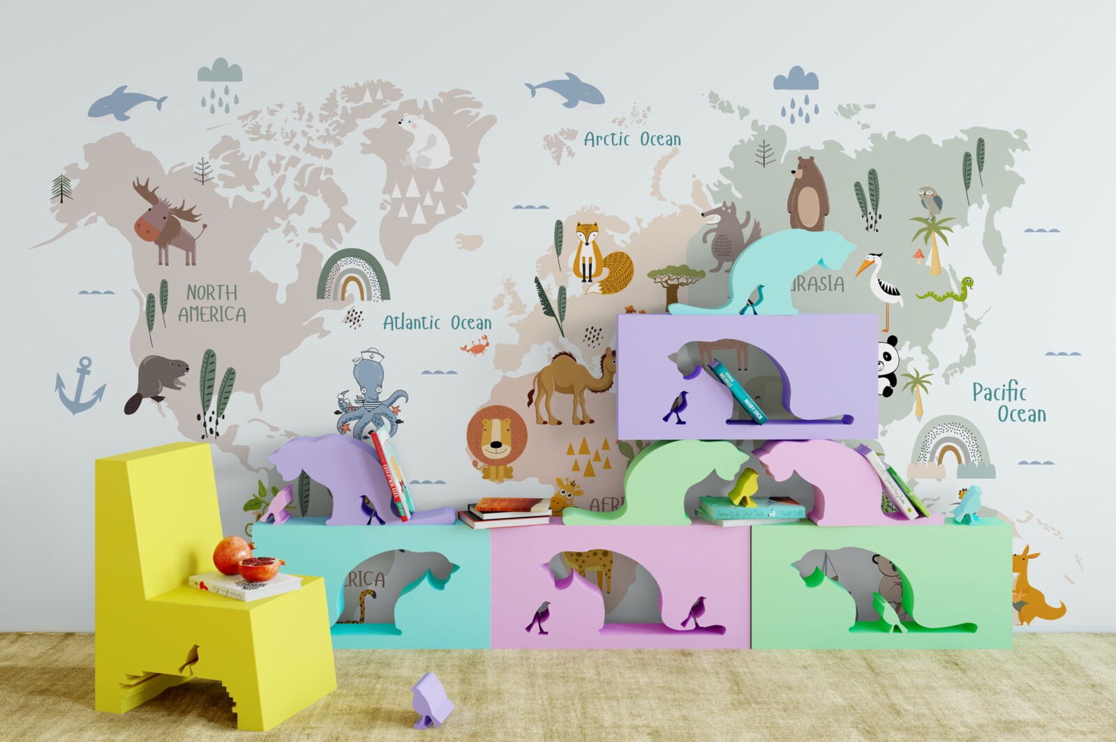 Fototapeta mapa świata i przedstawiciele kontynentów