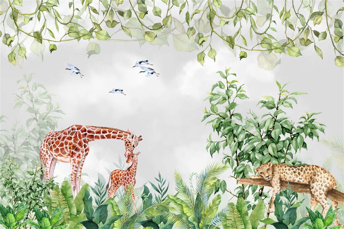 Fototapeta tygrysy i żyrafa odpoczywają w dżungli