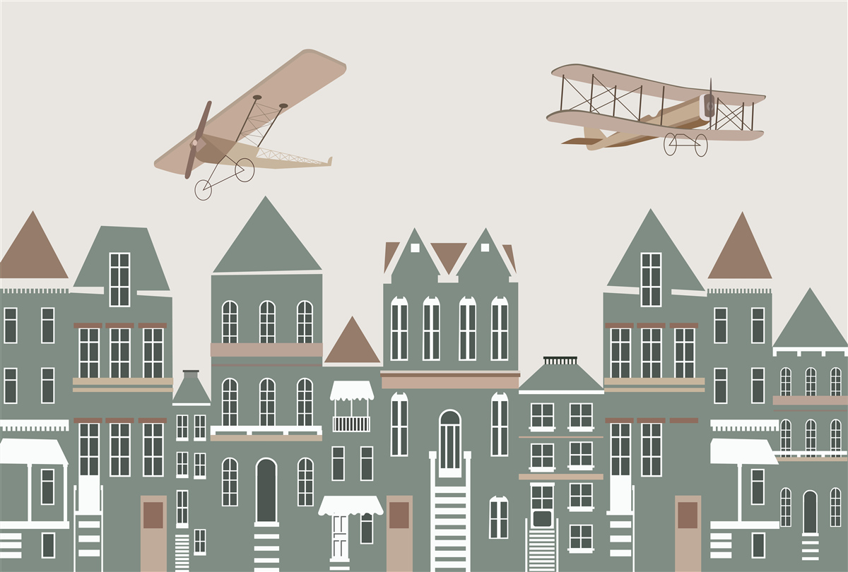 Fototapeta samoloty unoszą się nad domami
